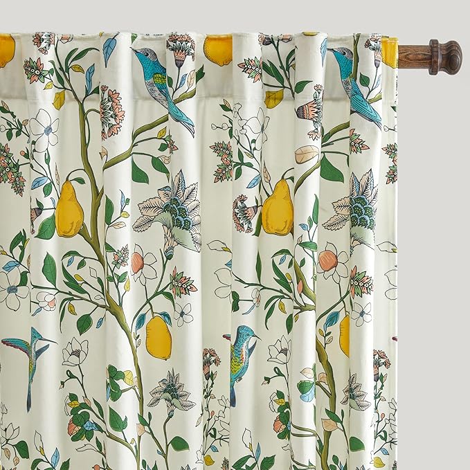 MUSSEL White Luxury Velvet Floral Curtains 90 inches for Living Room,Vintage Victorian Botanical Blackout Curtain Drapes,2 Panels Mid Century Art Deco Bird Flower Window Curtains for Bedroom