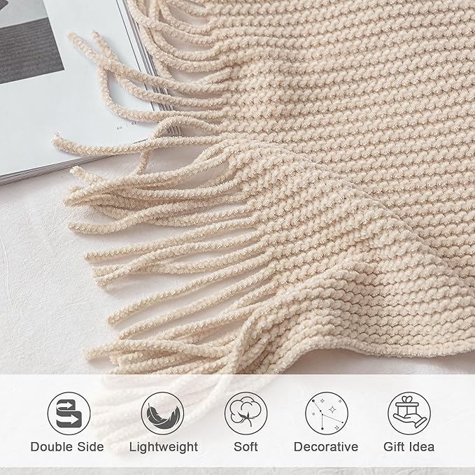 lifein Throw Blanket for Couch, Soft Boho Decor Bed Throw,Cozy White Chenille Knitted Small Farmhouse Lightweight Throw(White/Cream,50 * 60")