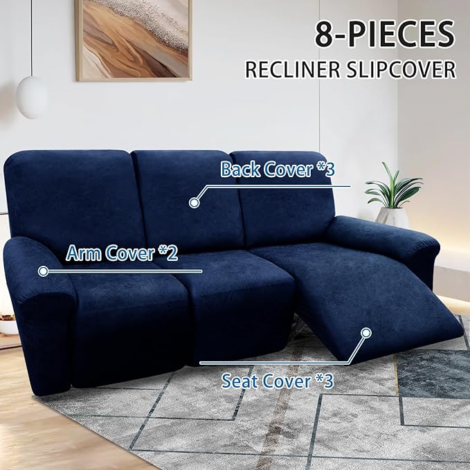 Couch Cover 8-Pieces Sofa Covers Washable Recliner Sofa Covers 3 Seater Leather Look Recliner Slipcovers with Pockets Spandex Fabric Furniture Covers(Recliner Sofa, Navy)