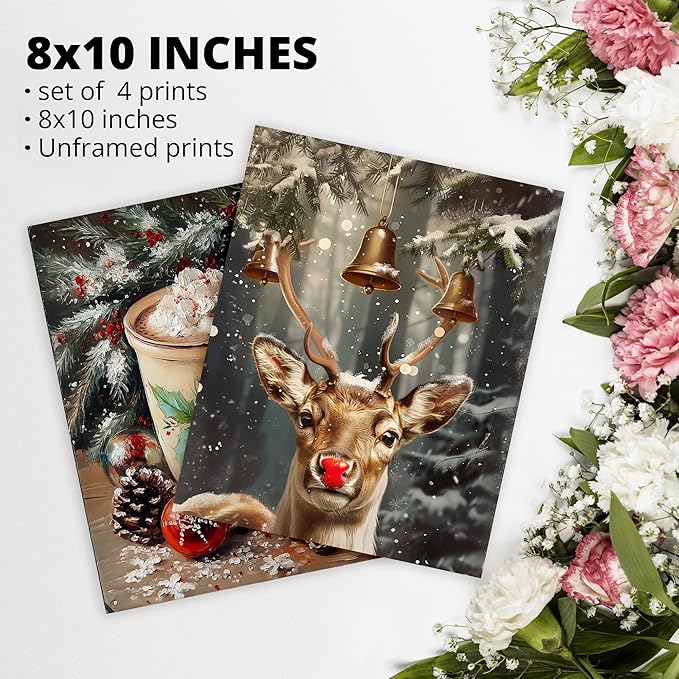 AEHIE Vintage Winter Christmas Red Nose Reindeer Santa Wall Art Poster Prints for Home, Rustic Farmhouse Xmas Santa Tree Decor, Reindeer Pine Tree Photo Santa Wall Art Unframed 4pcs 8x10inch