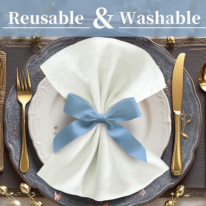 Off White Cloth Napkins Set of 12, 18"x18" - Cotton & Polyester, Wrinkle/Fade Resistant, Washable & Reusable - Wedding Napkins for Reception, Jacquard Napkin for Engagement Party, Bows Design
