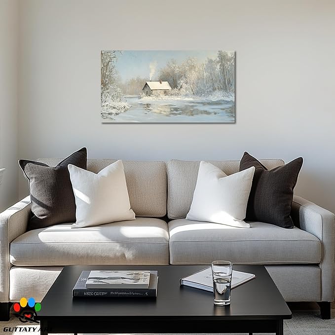 GUTTATY Christmas Winter Scene Canvas Wall Art, Cozy Cabin Snow Landscape Canvas Prints, Tranquil Forest Wall Painting, Serene Winter Pictures Poster for Living Room, Bedroom, Office Decor, 16x8 Inch