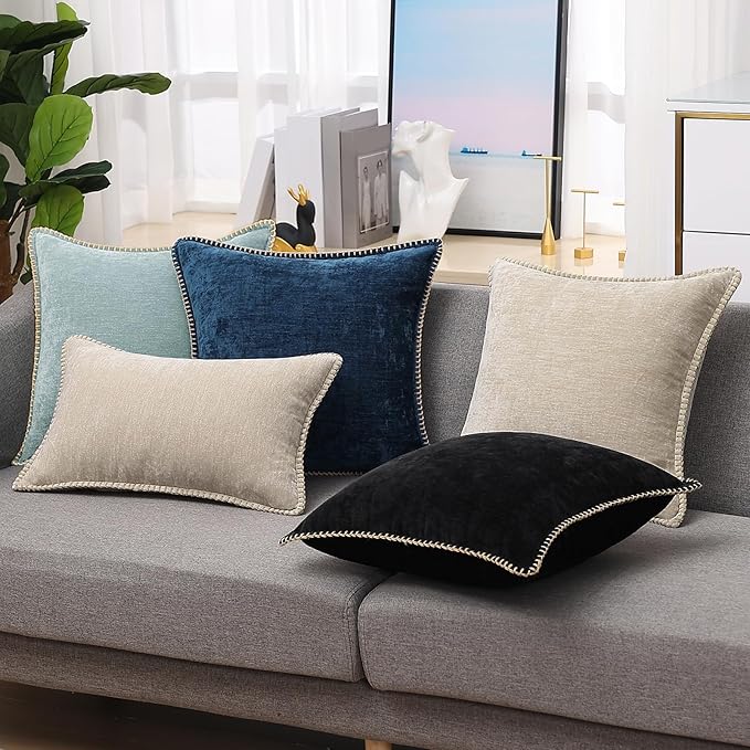 decorUhome Chenille Soft Throw Pillow Covers 22x22 Set of 2, Farmhouse Velvet Neutral Decorative Euro Pillow Covers with Stitched Edge for Couch Sofa Bed Home Decor, Poseidon