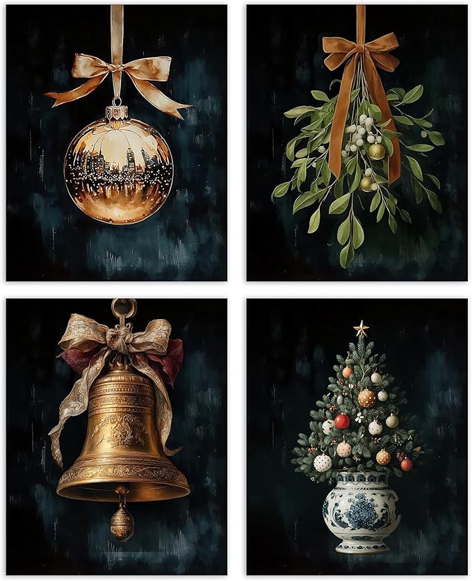 AEHIE Vintage Winter Christmas Tree Bell Wall Art Poster Prints for Home Living Room, Moody Christmas Pictures Poster Prints, Dark Moody Golden Xmas Bell Holiday Wall Art Unframed 4pcs 8x10inch