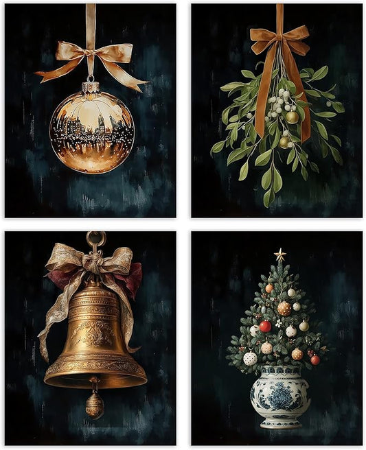AEHIE Vintage Winter Christmas Tree Bell Wall Art Poster Prints for Home Living Room, Moody Christmas Pictures Poster Prints, Dark Moody Golden Xmas Bell Holiday Wall Art Unframed 4pcs 8x10inch