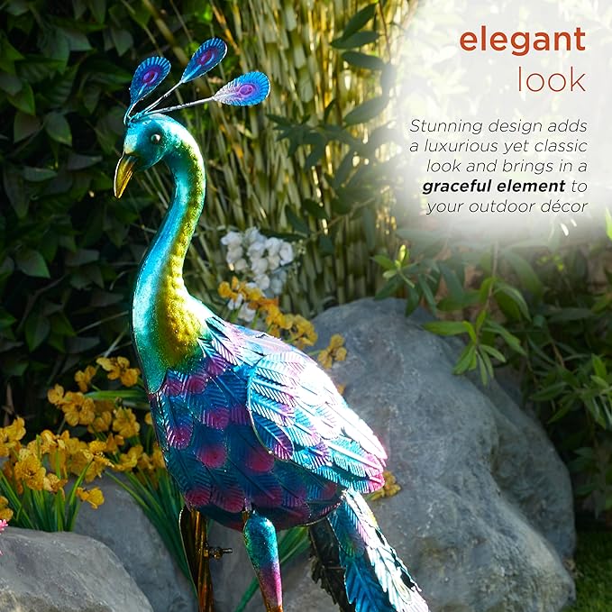 Alpine Corporation 28" Tall Outdoor Metallic Peacock Standing Yard Statue Decoration, Multicolor