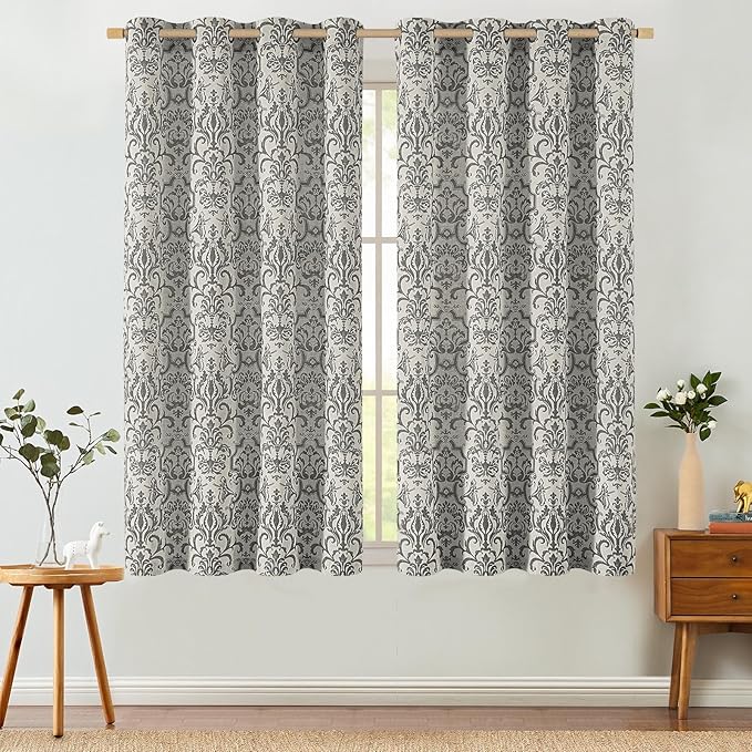 jinchan Linen Curtains - Grey Damask Patterned, 63 Inch Length, Light Filtering Vintage Curtains - Baroque Style Drapes with Grommet Window Treatments - 2 Panels Set