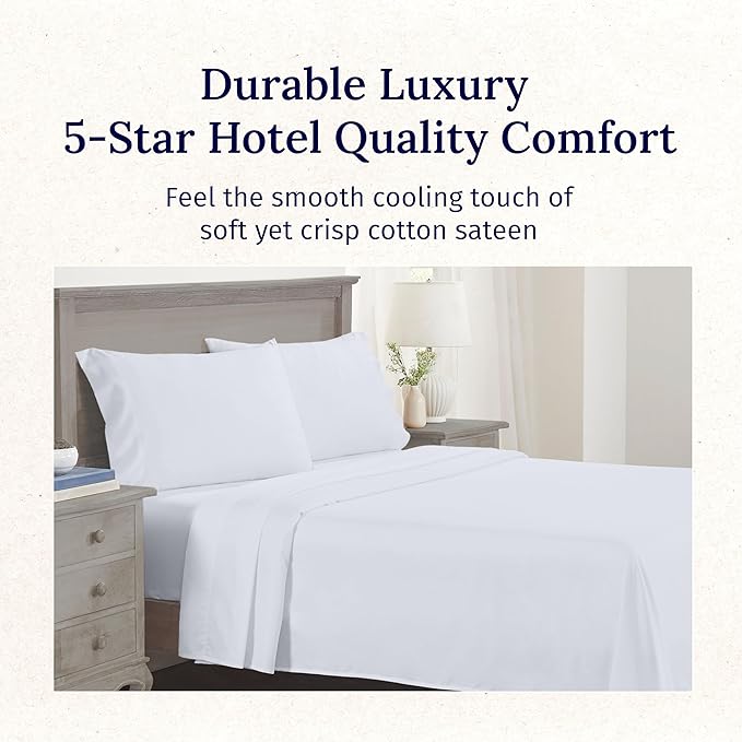 California Design Den Deep Pocket King Sheets Set - Luxury 600 Thread Count Sateen, 100% Cotton Sheets with All Around Elastic for a Snug Fit, Hotel Quality Bedding Set - White