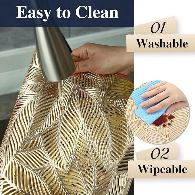 FAVE Gold Metallic Placemats Set of 4 Heat Resistant Vinyl Placemats Wipeable & Washable Table Mats Set of 4 Fall Placemats for Dining Tables Party Holiday Daily Home Decoration(P-Rectangle Leaf)