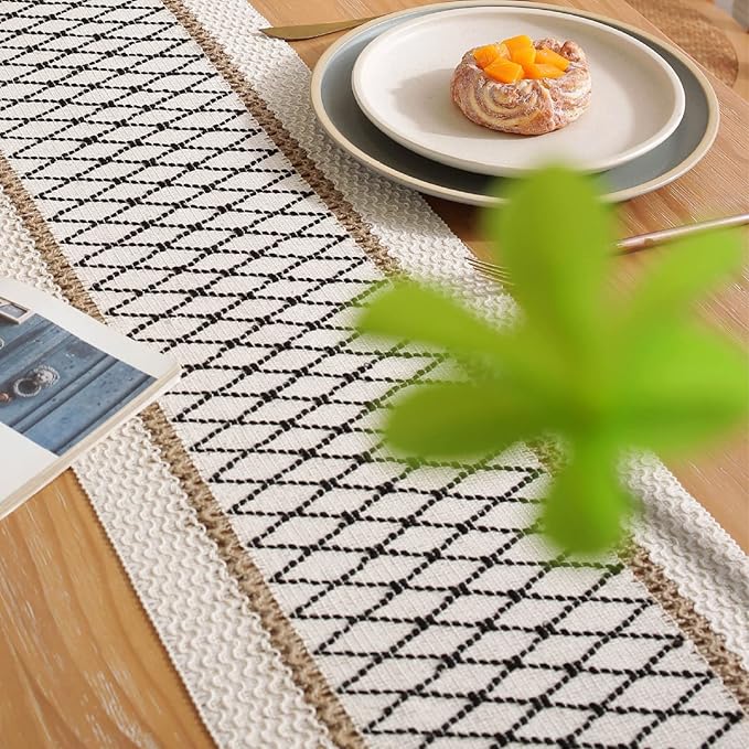 Boho Burlap Macrame Table Runner, Farmhouse Style Cotton Linen Rustic Woven Table Runner with Tassels for Dining, Wedding, Bridal Shower, Bohemian (12x108 inch, Black Grid)