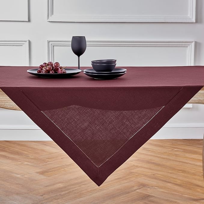 Solino Home Linen Square Tablecloth 52 x 52 Inch - 100% Pure Linen Burgundy Table Throw - Classic Hemstitch, Machine Washable Table Cloth for Fall, Autumn, Thanksgiving, Holiday, Winter