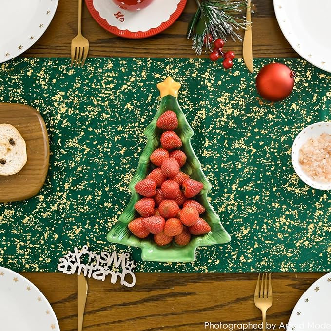 Artoid Mode Dark Green Dutch Fleece Table Runner, Glitter Metallic Foil Holiday Kitchen Dining Table Decoration for Home Party Decor 13x48 Inch