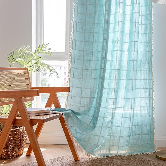 Sutuo Home Boho Curtain Plaids for Bedroom, Vintage Gingham Curtains Cottage Farmhouse Tassels Window Treatment Bohemian Embroidery Drape for Home Decor, Rod Pocket 1 Panel 52" W x 84" L, Aqua Blue