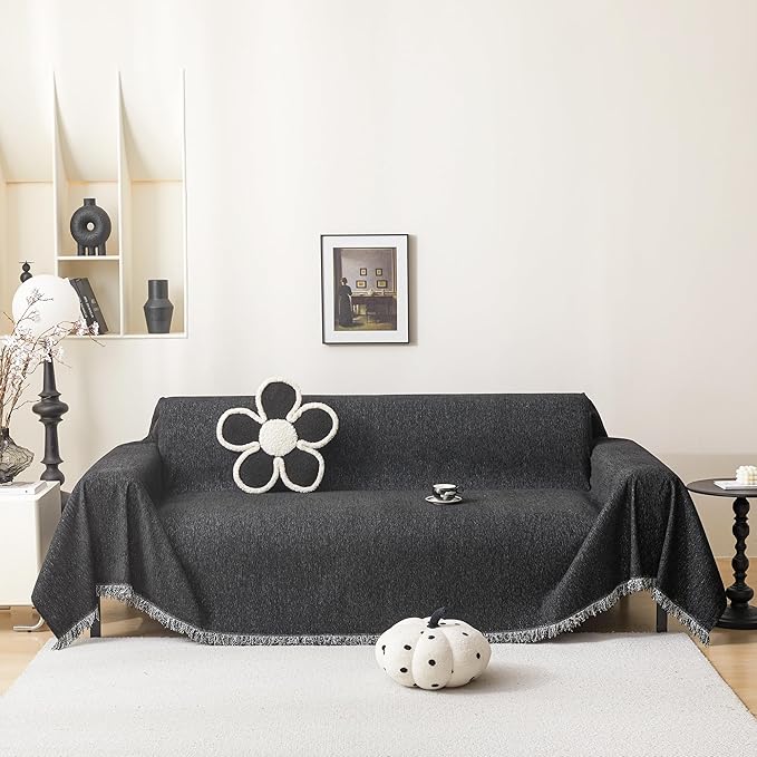 MEETSKY Oversized Couch Cover 91 Inch Large Couch Cover with Tassel Edge, Modern Sofa Slipcover for Dogs, Cats & Universal Use, Washable, 91"x150", Black