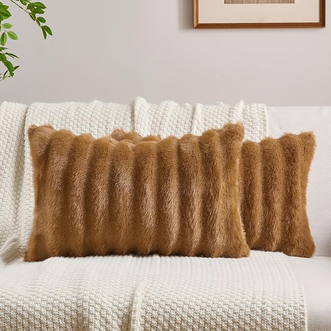 FUTEI Camel Decorative Throw Pillow Covers 12x20 Inch Set of 2,Soft Fluffy Faux Rabbit Fur Dyeing Striped Textured Lumbar Pillow Case,Modern Home Decor for Couch Bed Living Room