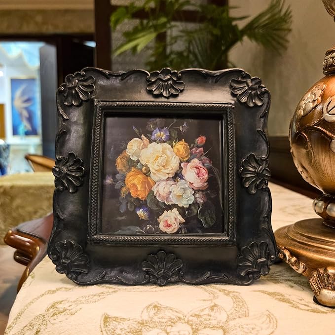 SYLVIA'S SHOP 4x4 Small Vintage Picture Frame, Antique Black Ornate Square Photo Frame, for Tabletop and Wall Display, Decorative Floral Design Retro Home Decor, Photo Gallery Art