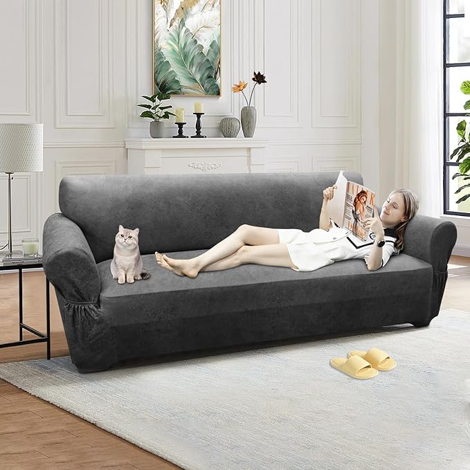 Couch Cover Leather Look 3 Seater Couch Sofa Cover 1-Piece Sofa Slipcover Stretch Furniture Protector with Elastic Bottom & Pockets(Sofa, Grey)