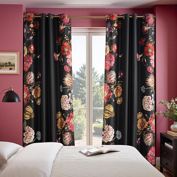 JINCHAN Hannah Floral Blackout Curtains with Retro Vintage Flower Print Drapes for Bedroom Living Room Fall Decor Winter Window Curtains Room Darkening 96 Inches Length 2 Panels Set with Grommet Black