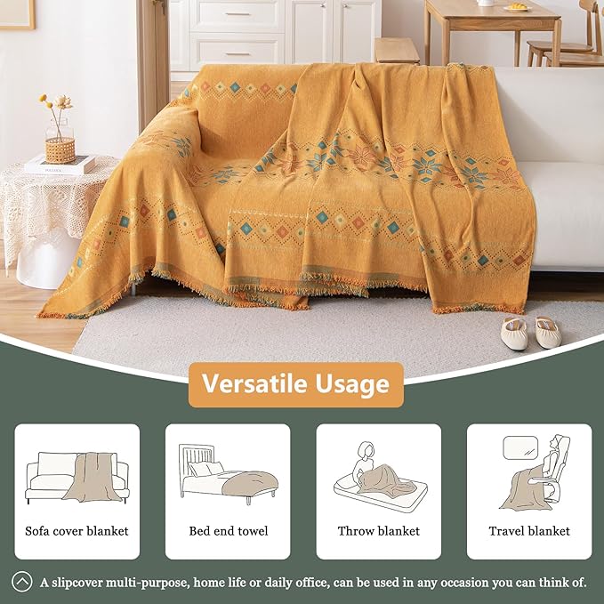 DREAMINGO Orange Boho Sofa Cover Chenille Couch Cover Blanket Vintage Bohemian Sofa Covers for 2 Cushion Couch Geometric Jacquard Sectional Couch Covers for Dogs Washable Loveseat Slipcover 71"x118"