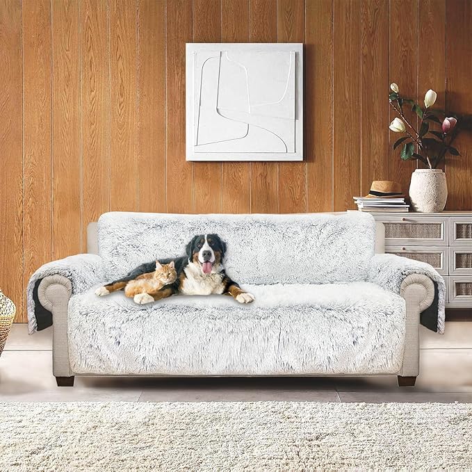 Plush and Fuzzy Shaggy Couch Cover, Dog Pad Faux Fur Sofa Cover, Water Resistant Slipcover, Non-Slip Furniture Protector for Kids,Dogs,Cats.(Magic Gray, X-Large Sofa)