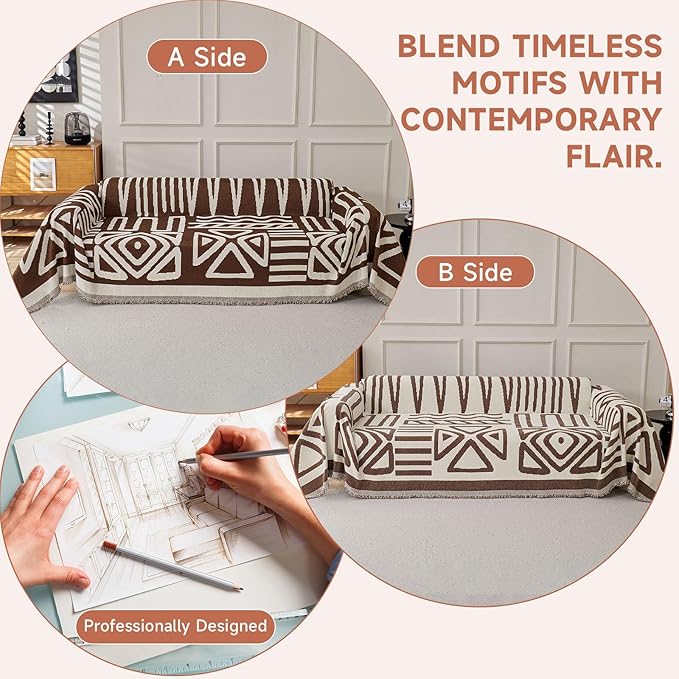 VClife Oversize Couch Cover, 1 Piece Boho Tribal Chocolate and White Geometric Jacquard Pattern Sofa Cover for 3 Cushion Couch Sofa, Soft Washable Chenille Living Room Sofa Slipcover for Sofa 91"X150"