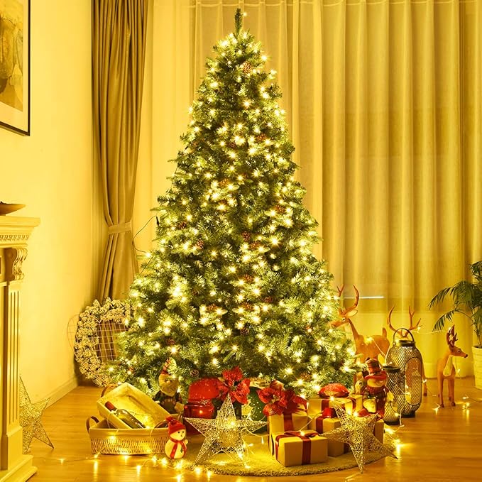 GOFLAME 7.5ft Artificial Pre-lit Christmas Tree with Warm White LED Lights and Pine Cones, Home Holiday Décor, Hinged, 1125 Branches for Indoor Decoration, Easy Setup