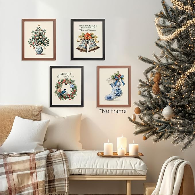 AEHIE Chinoiserie Christmas Tree Bells Wall Art Poster Prints for Home, Xmas Tree Wreath Bow Posters, Chinoiserie Prints Decor, Blue and White Porcelain Christmas Wall Art Unframed 4pcs 8x10inch