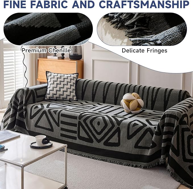 VClife Boho Couch Cover Thick Soft Chenille Sofa Covers for Sectional Couch, Bohemian Dark Gray Couch Covers for 3 Cushion Couch Sofa Washable Multi-Functional Furniture Protector, 71''x150''