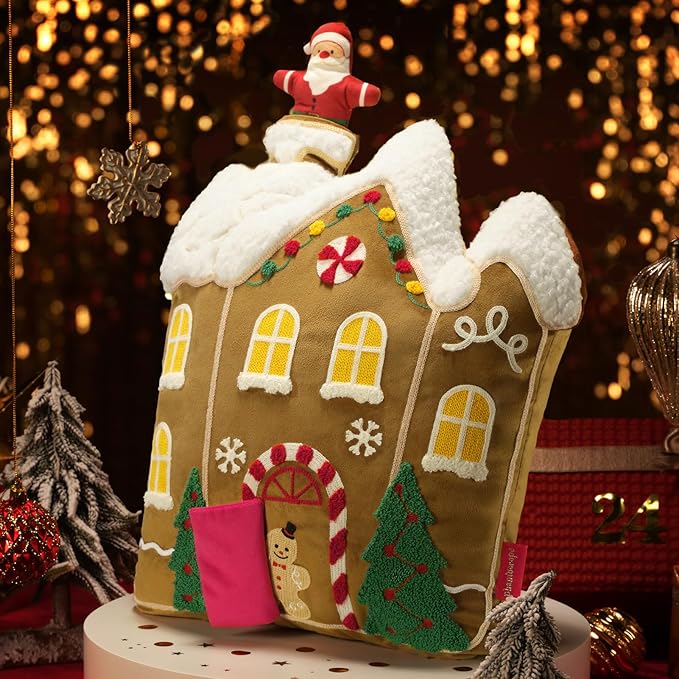 Phantoscope Gingerbread Series House Merry Christmas Throw Pillow, Velvet Christmas Shaped Pillow with Faux Fur Roof & 3D Santa Claus Decorative Xmas Pillow for Couch, Brown, 17.5 x 16in