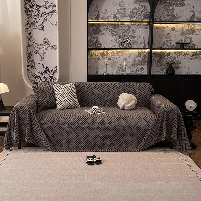 ROOMLIFE Striped Boho Gray Couch Cover for 2-3 Cushion Sofa, Fuzzy Plush Warm Sofa Slipcovers Sectional Sofas Covers, Non Slip Washable Furniture Protector Soft with Tassel,Winter 71''X118”
