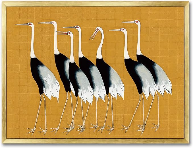 AIMAILON Vintage Gold Canvas Wall Art Framed Decor Animal Theme Artwork Elegance Groups of Red Crowned Crane Print Retro Picture Home Decoration for Study Room Bedroom Office 12x16