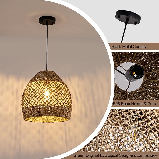 Rustic Rattan Pendant Lights, 13.78" Hand-Woven Farmhouse Light Fixture, Round Ceiling Hanging Chandelier Crafts Lampshade for Kitchen Island Entry Living Room Bedroom Foyer Hallway