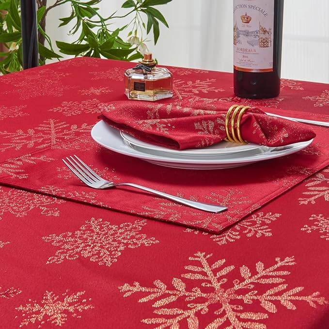 Rectangle Fancy Metallic Sparkling Snowflake Christmas Fabric Table Cloth red Hunter Gold Navy White Silver No-Iron Soil Resistant Woven Holiday Table Cover(Red Gold/60x104Inch)