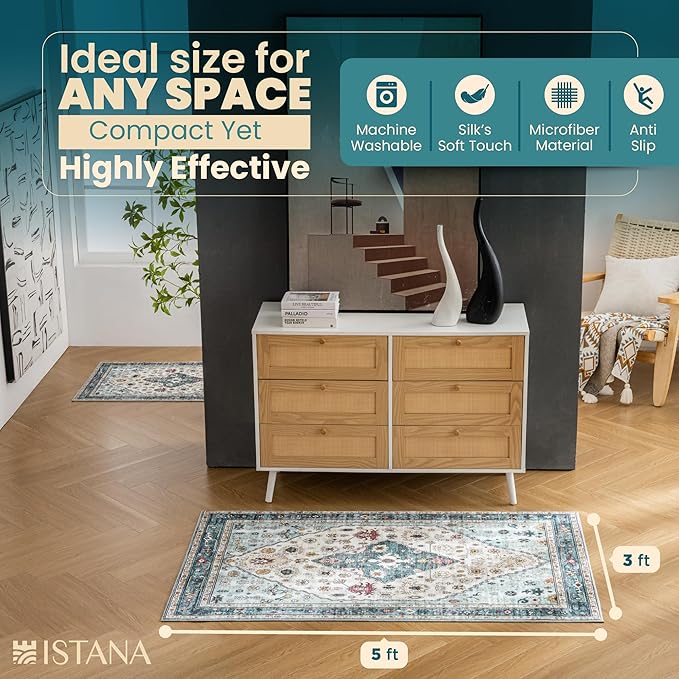 Istana 3x5 Washable Rug - White Cream/Blue Area Rug - Foldable Small Area Rugs 3x5 - Non Shedding Floor Rugs for Home - Washable Rugs - Rug Non Slip W/Soft Microfiber