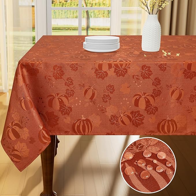 Smiry Rectangle Thanksgiving Tablecloth, 60x120 Inch Fall Waterproof Damask Table Cloth, Pumpkin Fabric Jacquard Table Covers for Harvest Parties, and Holiday Dinner, Terracotta/Rust