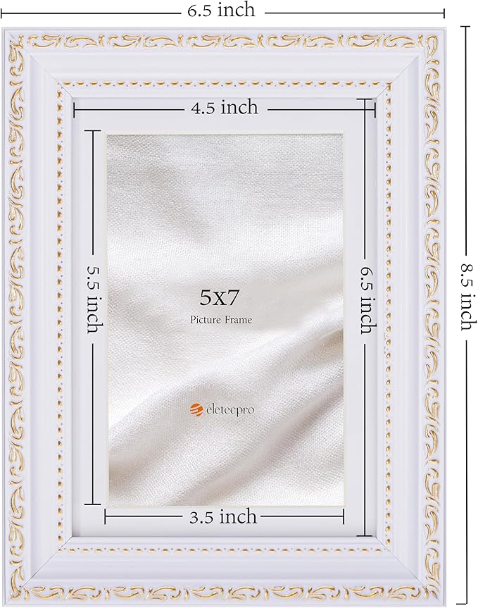 eletecpro 5x7 Picture Frames Set of 2, Vintage 5 x 7 Photo Frames with Real Glass, Displays 4x6 Photo with Mat or 5x7 without Mat for Tabletop or Wall Decor, White