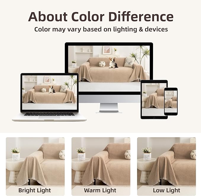 Couch Cover for 2-3 Cushion Couch, Non Slip Slipcover Chenille Couch Covers for Sectional Sofa, Sofa Covers Washable, Soft Sofa Furniture Protector for Pets and Kids, 71''x118'', Khaki