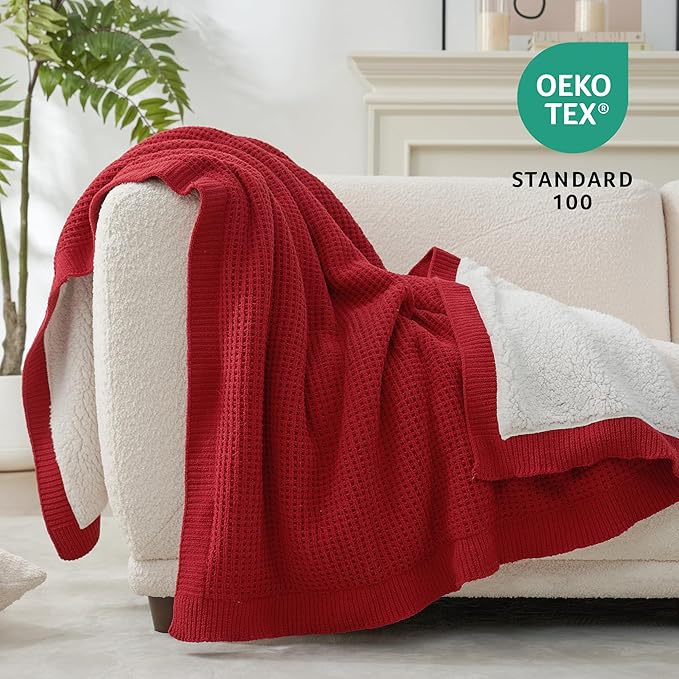 Amélie Home Reversible Waffle Weave Throw Blanket, Chenille Knit with Warm Sherpa, Soft Cozy Blanket for Couch, 50"x60", Red