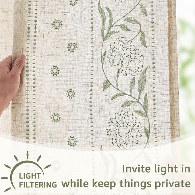 jinchan Winslow Linen Curtains for Bedroom 108 Inches Length Embroidered Bordered Floral Curtains for Living Room Farmhouse Decor Light Filtering Window Treatments Sage on Beige Drapes 2 Panels