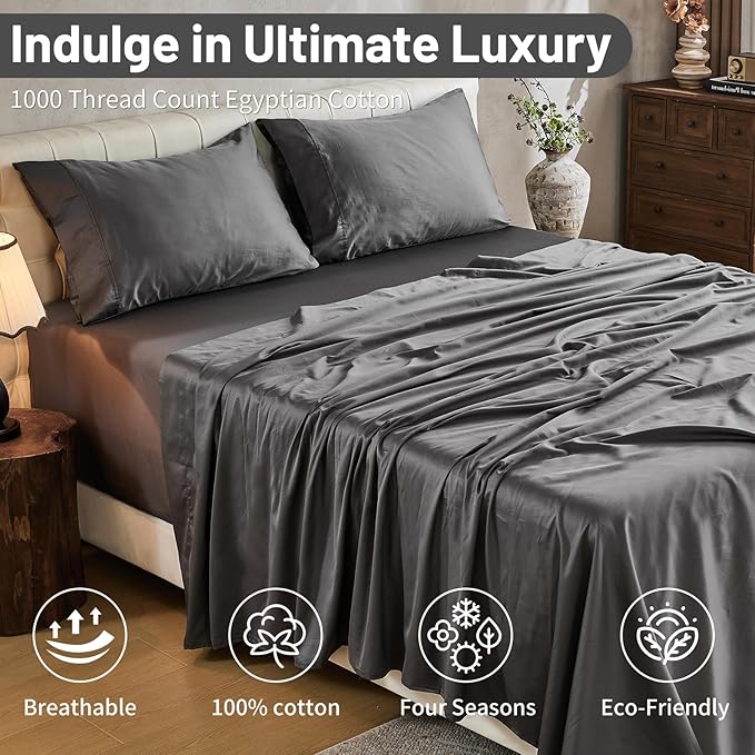 MEISHANG 1000 Thread Count Cotton Sheets Queen Size - 100% Egyptian Cotton, Sateen Weave, Soft & Breathable, Oeko-Tex Certified, 16" Deep Pockets - 4 Piece (Queen, Dark Grey)
