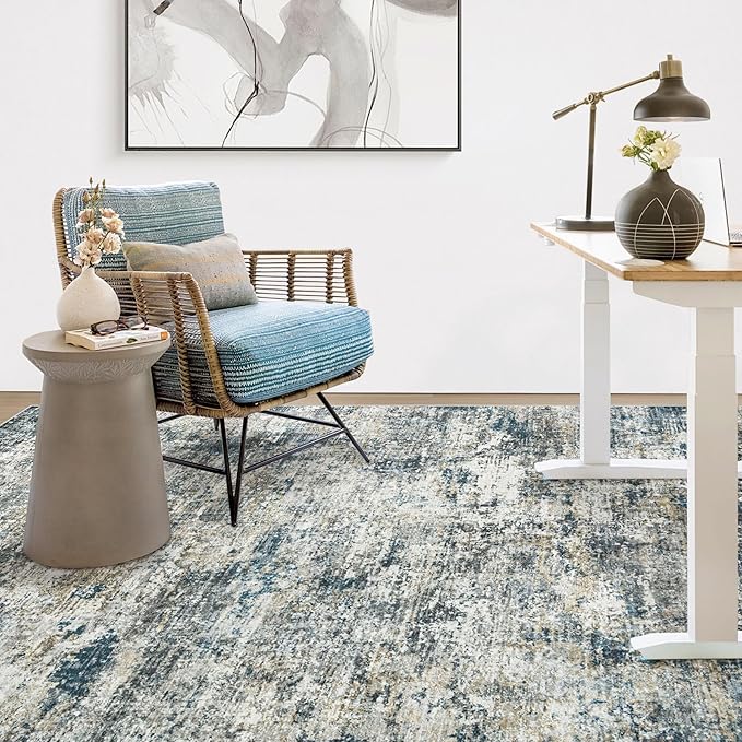 6x9 Washable Area Rug for Living Room: Modern Abstract Rugs Soft Non-Slip Low-Pile Indoor Floor Carpet for Bedroom, Dining Room, Nursery (BlueGreyBrown, 6'x9')