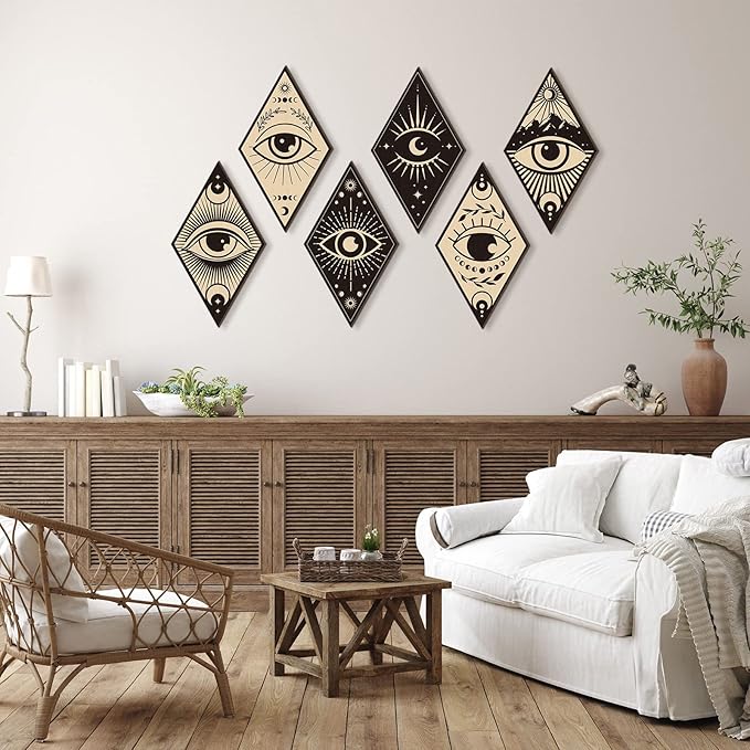 Nuenen 6 Pcs Farmhouse Home Wall Decor Western Geometric Diamond Frame Wall Hanging Boho Modern Abstract Art Prints Wooden Diamond Sign Decorations for Bedroom Living Room Bathroom(Eye Style)