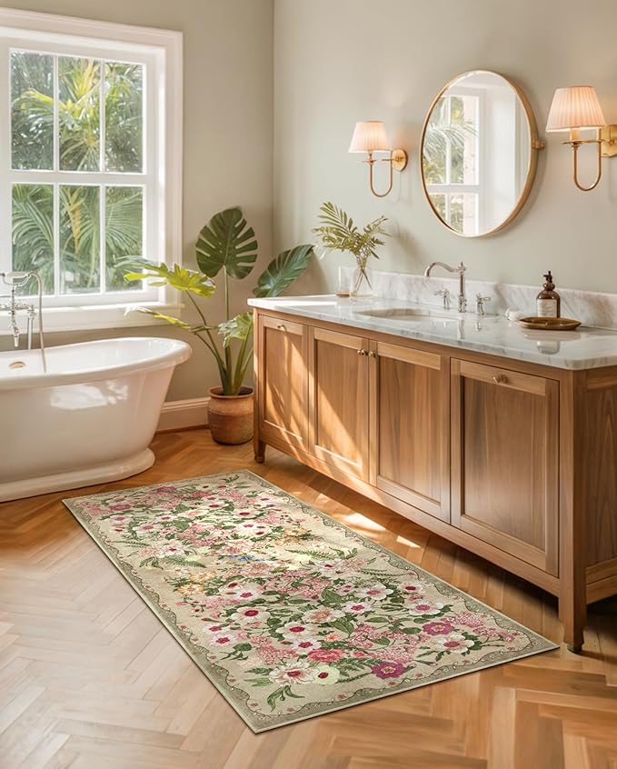 Floral Runner Rug 2x6 - Washable Vintage Kitchen Rug Low Pile Non-Slip Carpet for Entryway Hallway, Laundry, Bedroom - Soft, Stain Resistant Indoor Area Rug - Brown