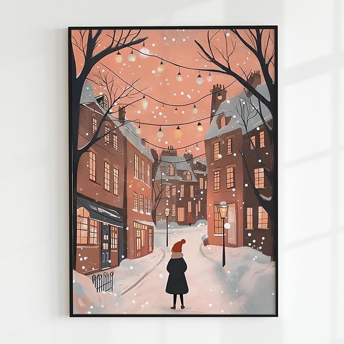 OZCONO Cozy Winter Cityscape Wall Art for Seasonal Home Decor, Christmas Street Scene Artwork, Warm Holiday Village Print, Soft Snowy Evening Illustration (Unframed) (27x40)