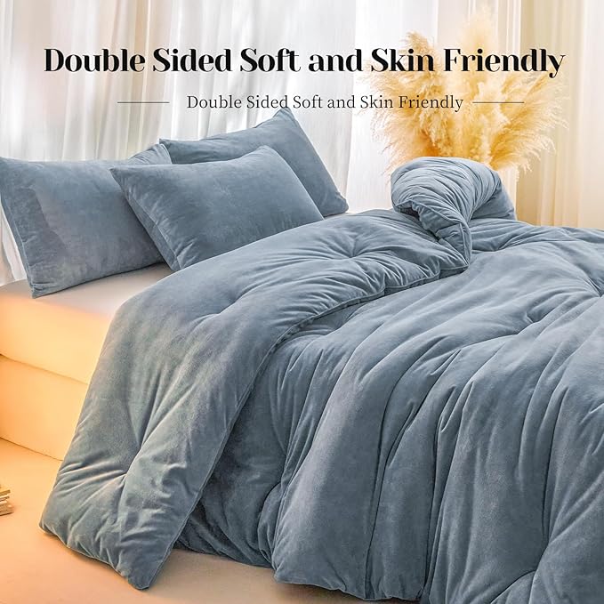 Velvet Comforter Set Queen/Full Size, Grey Blue Fluffy Velvet 3 Piece, Soft Breathable Luxury Winter Warm Bedding Sets, with 1 Cozy Comforter, 2 Pillow Shams