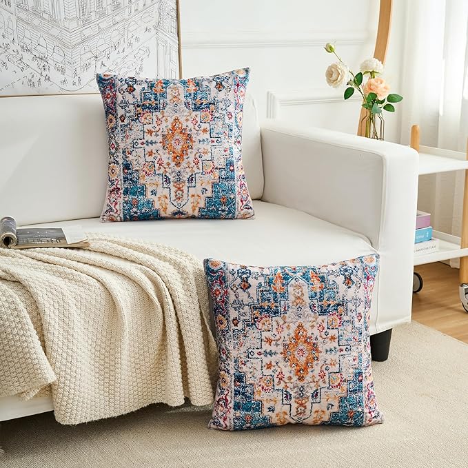 Boho Throw Pillow Covers 18x18 inch Set of 2,Boho Vintage Carpet Pattern Antique Ethnic Decor Double Sided Pattern Cushion Cover Soft Pillow Case Living Sofa Room Bed Square Pillow Cover