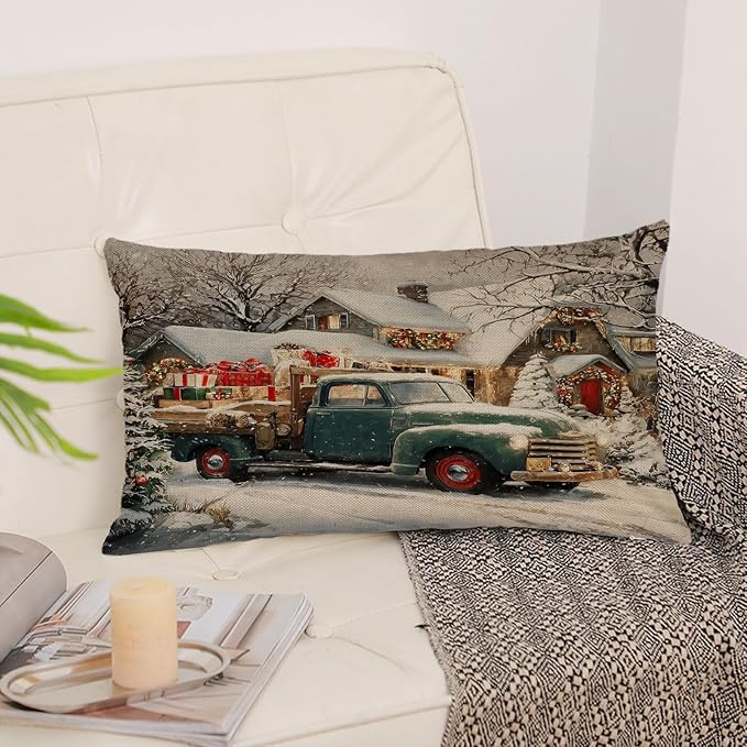 Neatee Living Christmas Pillow Covers 12x20 Set of 4 Farmhouse Vintage Xmas Throw Pillows Christmas Tree Elk Snowman Pillow Cases Sofa Couch Outdoor Cushion Covers for Home Decorations (12 by 20)