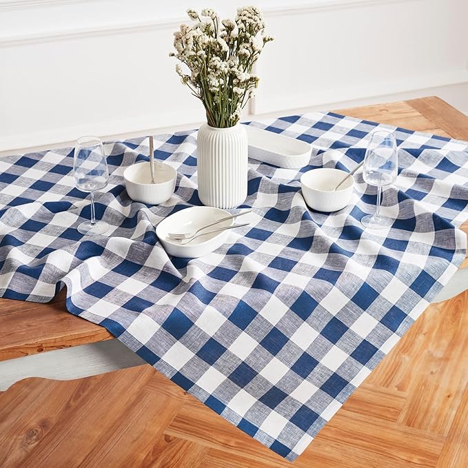 Solino Home Linen Checkered Tablecloth 52 x 52 Inch - 100% Pure Linen Blue and White Buffalo Plaid Square Tablecloth - Machine Washable Table Throw