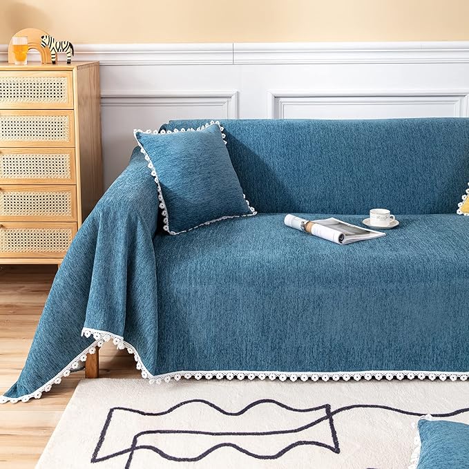 VClife Couch Cover Farmhouse Chic Dark Blue Couch Covers for 3 Cushion Couch Sofa - Washable Chenille Sofa Cover for Living Room Office RV Bedroom (71"X150") Gift for Christmas Thanksgiving Birthday