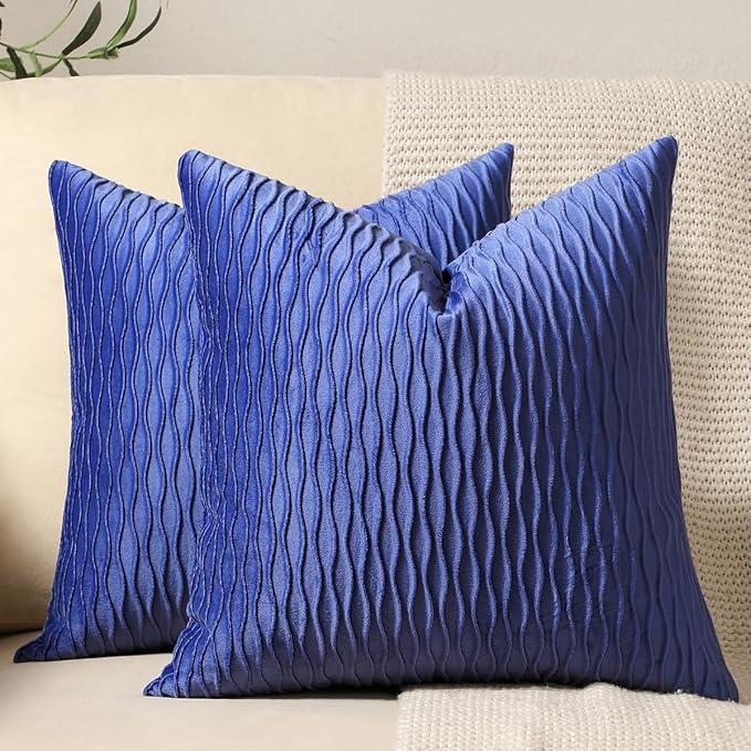 20x20 Blue Throw Pillow Covers: 2 Pack Original Striped Velvet Square Decorative Pillow Cases for Farmhouse Couch
